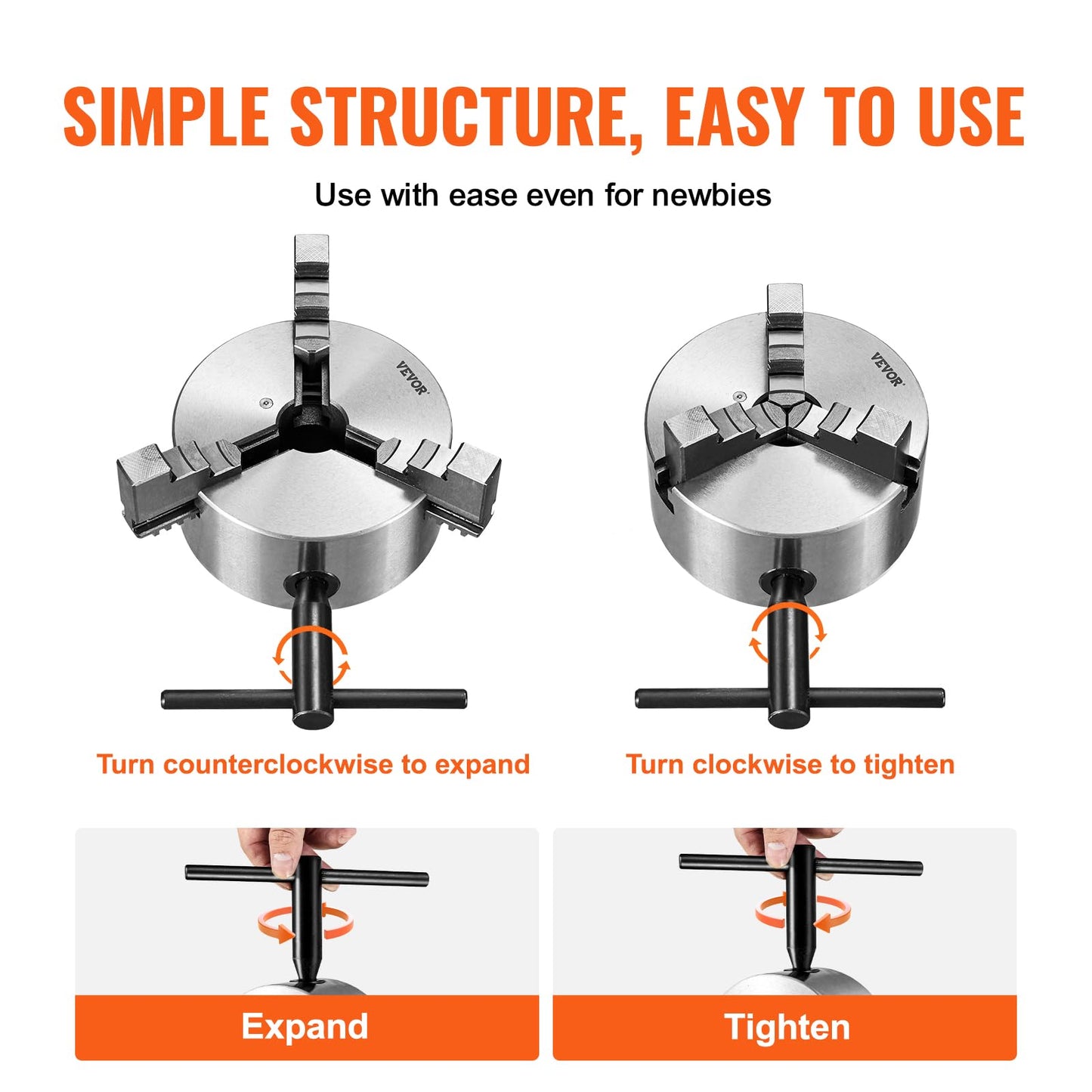 VEVOR 3-Jaw Lathe Chuck, 5'', Self-Centering Lathe Chuck, 0.1-5 in/2.5-125 mm Clamping Range with T-key Fixing Screws Reversible Jaws, for Lathe 3D - WoodArtSupply