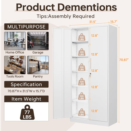 AFAIF Metal Storage Cabinet with Lock,71" White Garage Cabinet with 2 Doors and 5 Adjustable Shelves, Steel Locking Cabinets Tall Tool Storage AFAIF