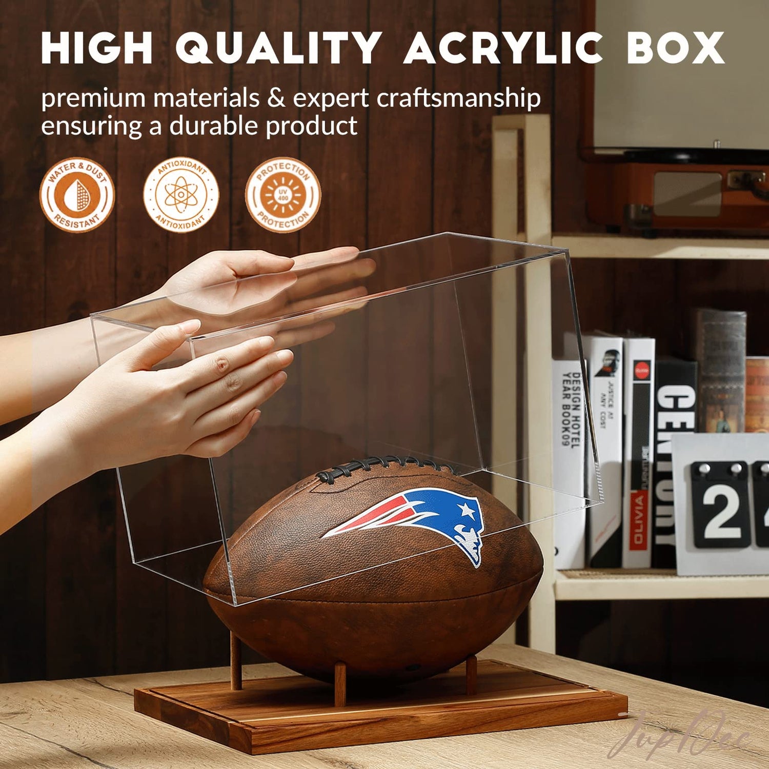 JupDec Football Display Case Full Size, Acrylic Clear Box with Wood Stand, UV Protected Memorabilia Holder, for Football Fans & Collectors, Sports JupDec