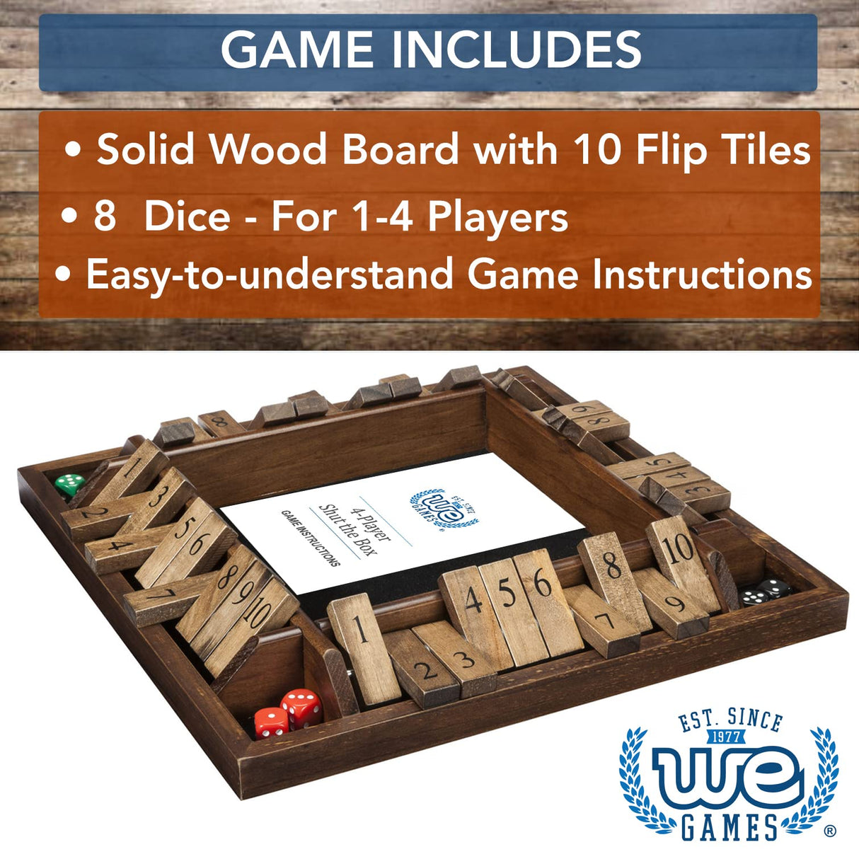 WE Games 14 inch 4-Player Shut The Box Wooden Board Game, Walnut Stain WE Games