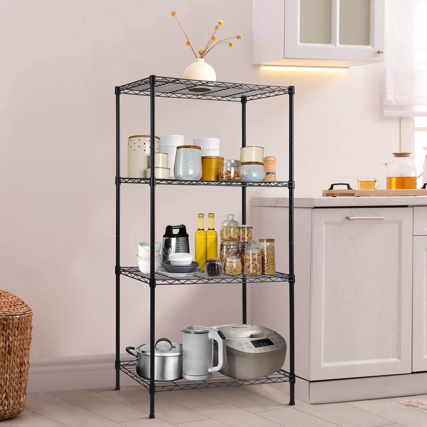 REGILLER 4-Wire Shelving Metal Storage Rack Adjustable Shelves,Standing Storage Shelf Units for Laundry Bathroom Kitchen Pantry Closet (Black,30L x REGILLER