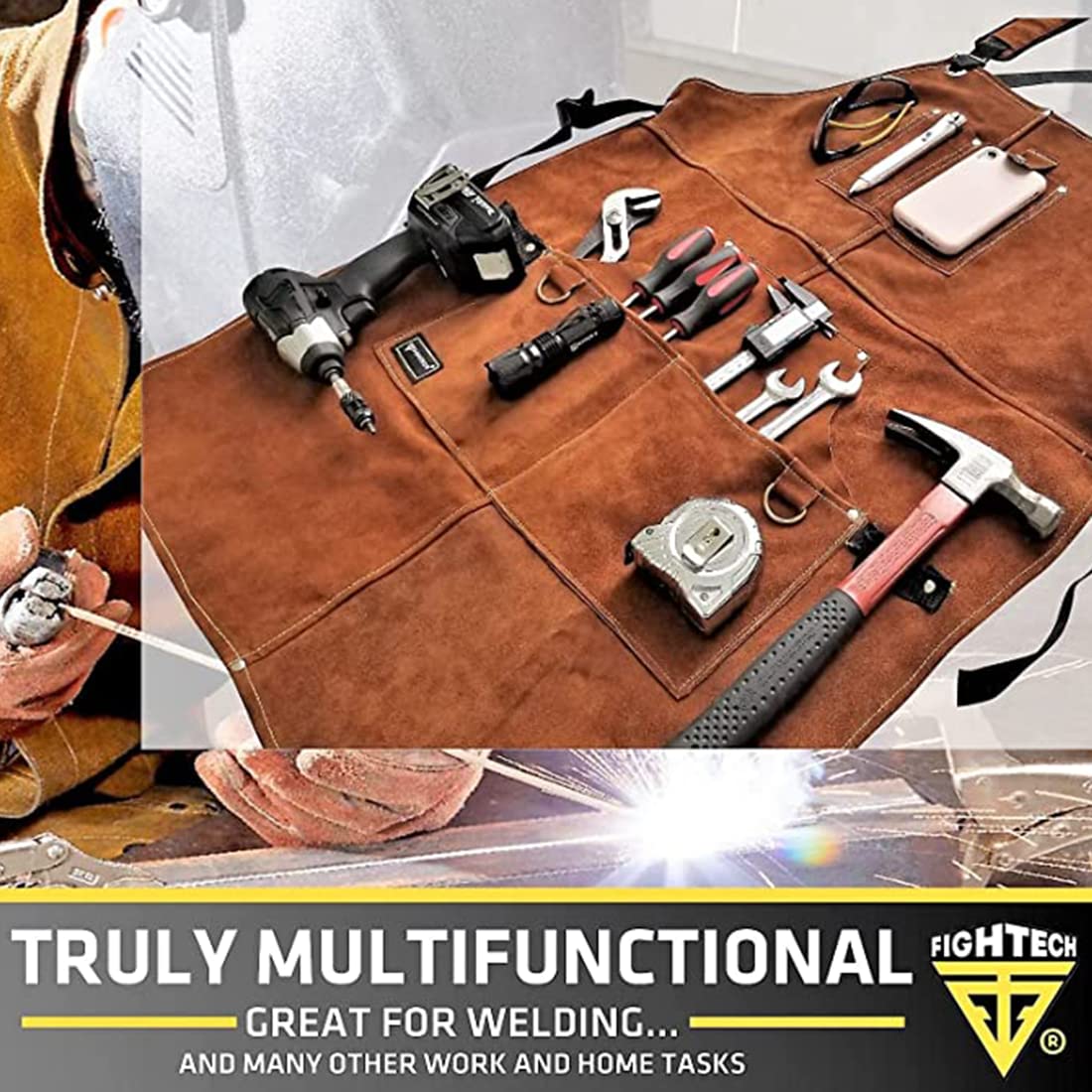 FIGHTECH® Leather Work Apron with Tool Pockets For Welding w Kevlar Stitching | Woodworking Shop | Adjustable M-XXL (Brown, Leather) FIGHTECH