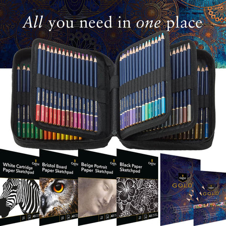 Castle Art Supplies Gold Standard 120 Coloring Pencils Set with Extras | Quality Oil-based Colored Cores Stay Sharper, Tougher Against Breakage | For Castle Art Supplies