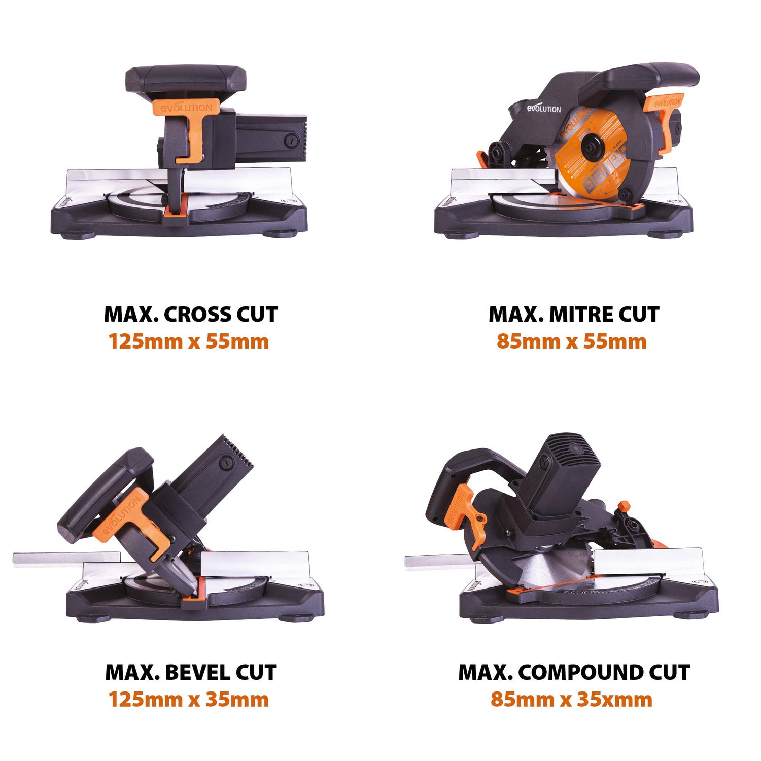 Evolution Power Tools R210CMS Compound Miter Saw, 8-1/4" Multi-Material Cutting TCT Blade Included Cuts Wood Metal Plastic & More, 45° - 45° Degree Evolution