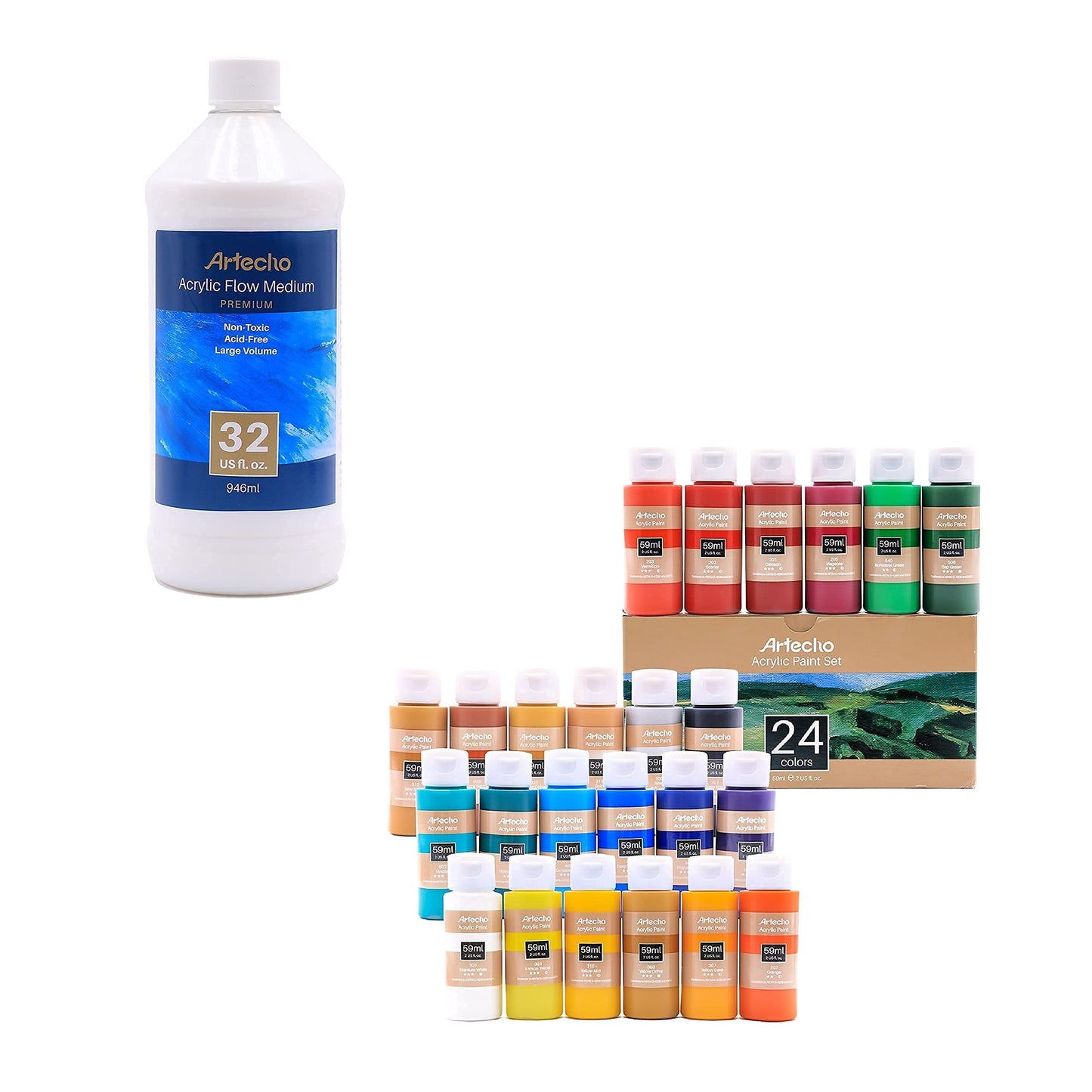 Artecho Premium Acrylic Flow Medium 32oz & Acrylic Paint Set 24 Colors 2 Ounce/59ml Bundle - WoodArtSupply