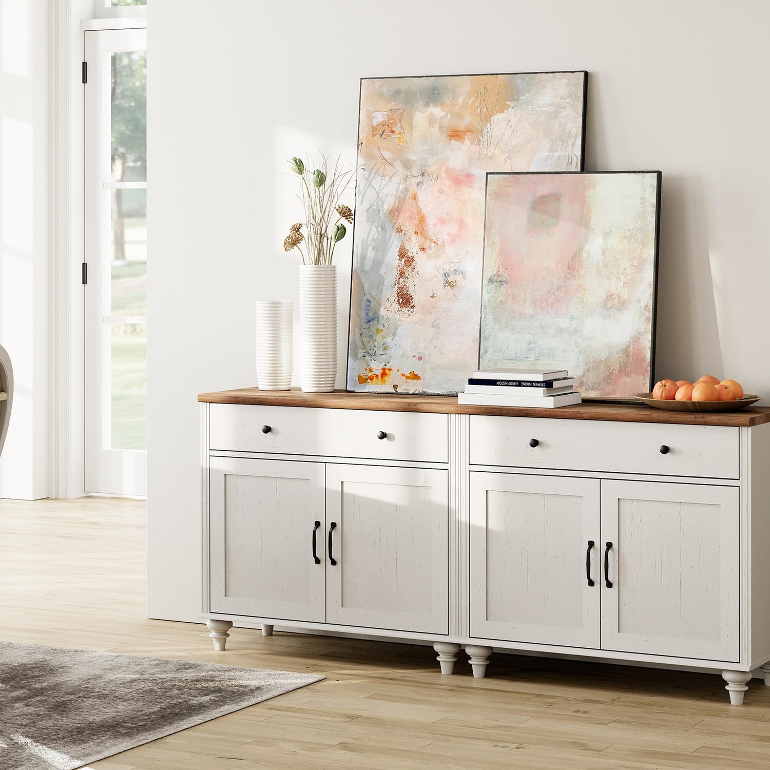 WAMAPT Buffet Cabinet with 4 Doors and 2 Drawers, Large Coffee Bar Tables Wood Kitchen Storage Cabinets with Storage Cabinets, Modern Farmhouse WAMPAT