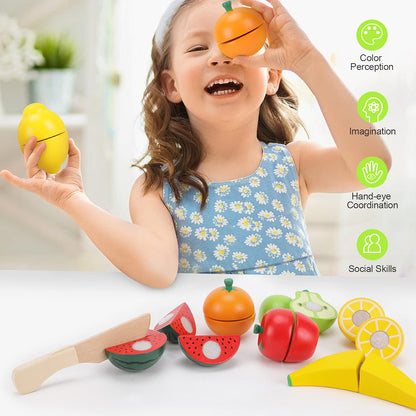 WHOHOLL Wooden Play Food with Wooden Tray & Knife, Pretend Play Cutting Food Toys, Fruits Toy Food Sets for Kids Kitchen, Mini Food Toy, Montessori - WoodArtSupply