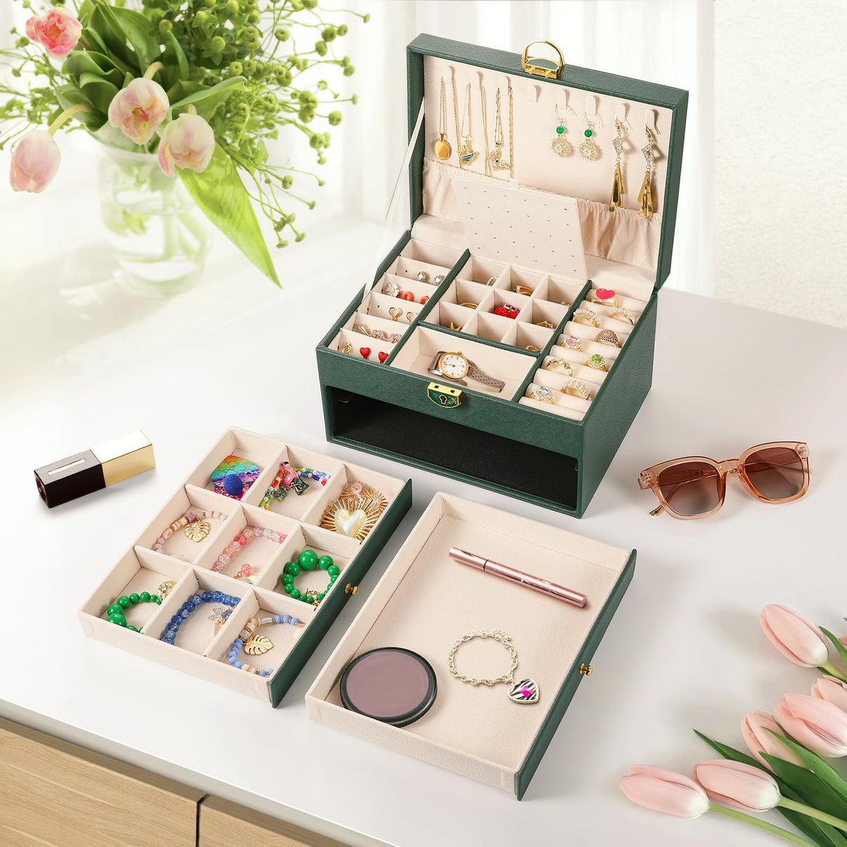 coobest 3 Layer Jewelry Box, Jewelry Holder Organizer with Jewelry Organizer Drawer, Large Jewelry Boxes & Organizer with Velvet Earring Organizer, coobest