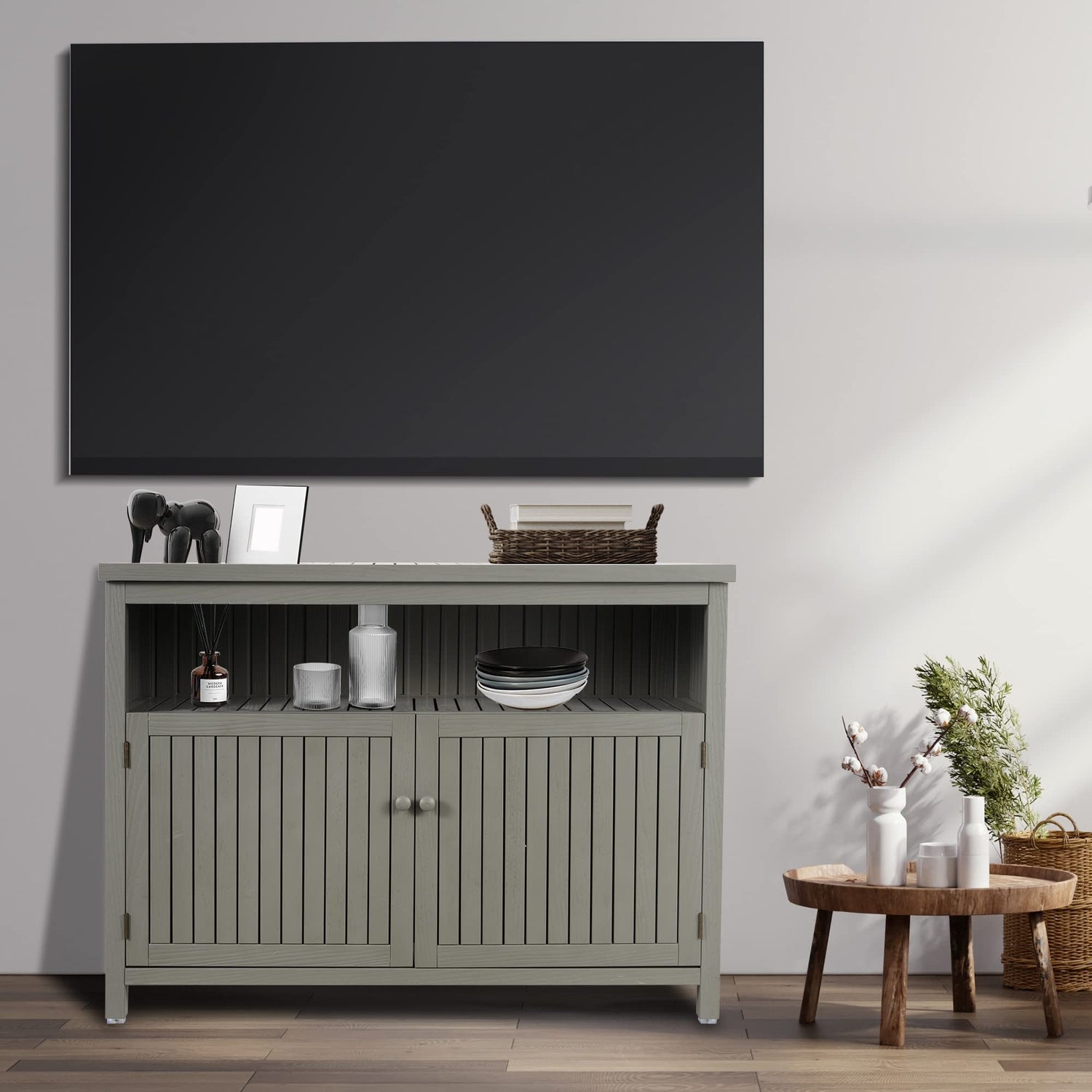 AHB Outdoor Console Sideboards Buffet Cabinet, Solid Wood Storage Cabinet TV Stand,Furniture for Patio Entryway Deck(Grey) AHB