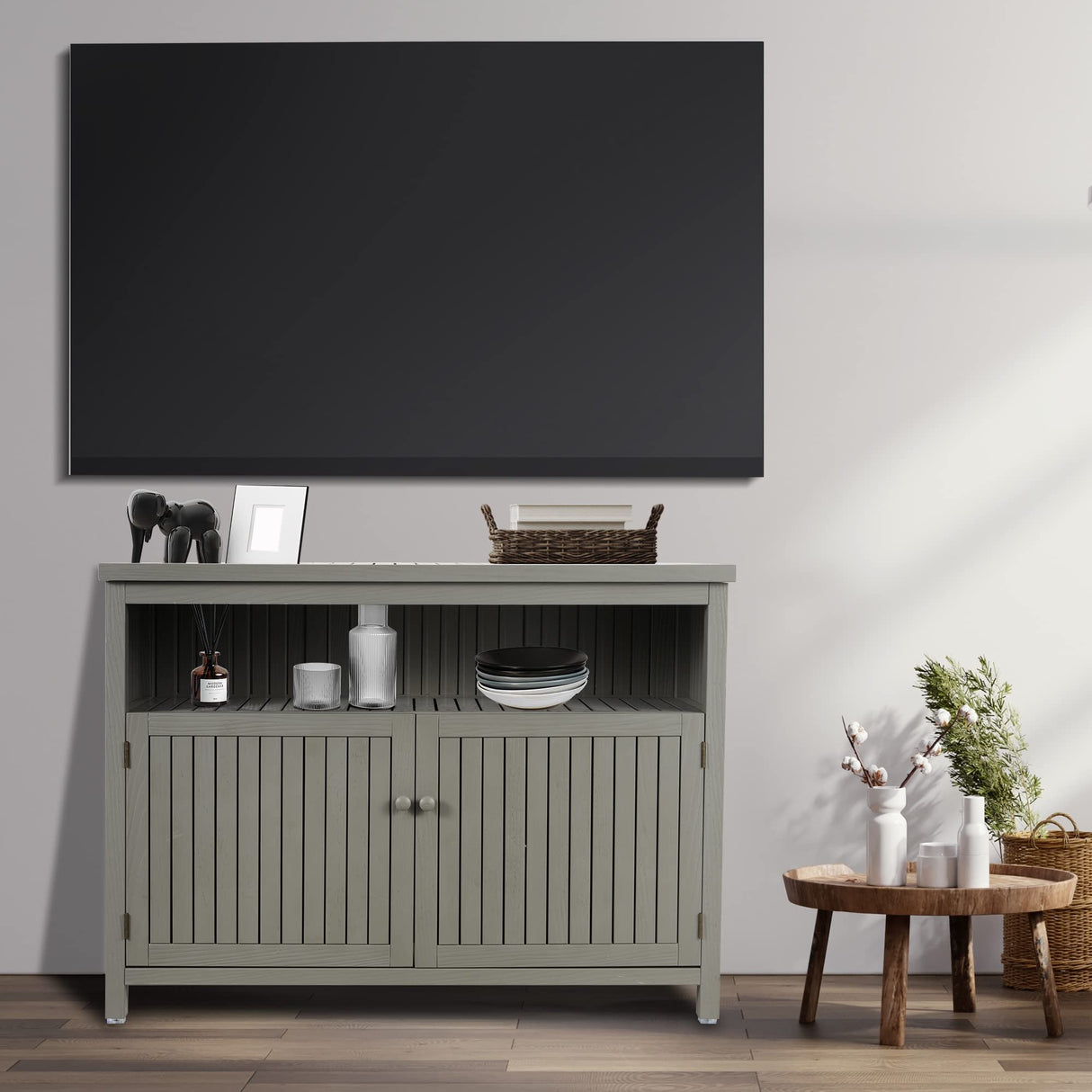 AHB Outdoor Console Sideboards Buffet Cabinet, Solid Wood Storage Cabinet TV Stand,Furniture for Patio Entryway Deck(Grey) AHB