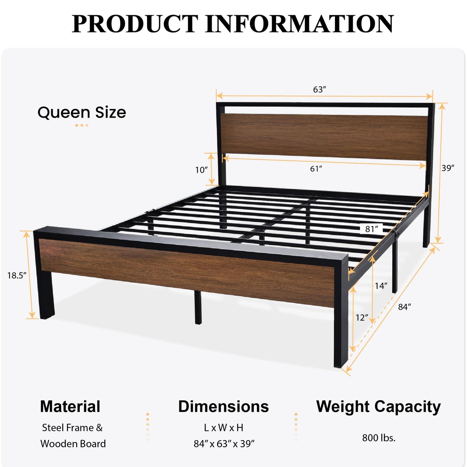 SHA CERLIN 14-Inch Queen Metal Platform Bed Frame with Rustic Wooden Headboard and Footboard SHA CERLIN