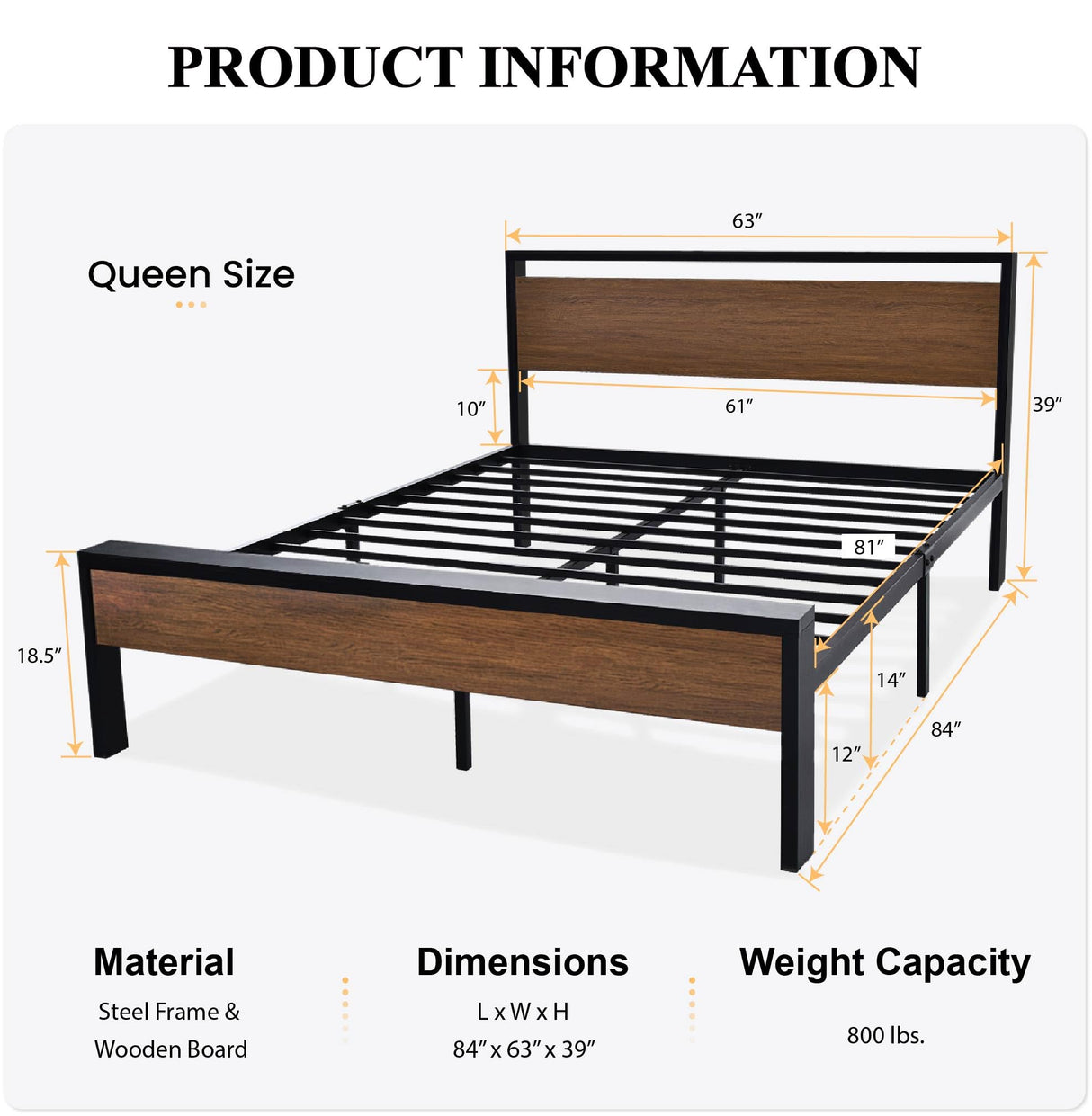 SHA CERLIN 14-Inch Queen Metal Platform Bed Frame with Rustic Wooden Headboard and Footboard SHA CERLIN