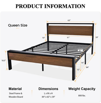 SHA CERLIN 14 Inch Queen Size Metal Platform Bed Frame with Wooden Headboard and Footboard, Mattress Foundation, No Box Spring Needed, Large Under