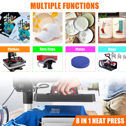 Pro Heat Press, 8 in 1 Heat Press Machine for T Shirts, 15 x 12 Inch Shirt Press Machine, 360-Degree Swing Away Heat Transfer Sublimation Shirt - WoodArtSupply