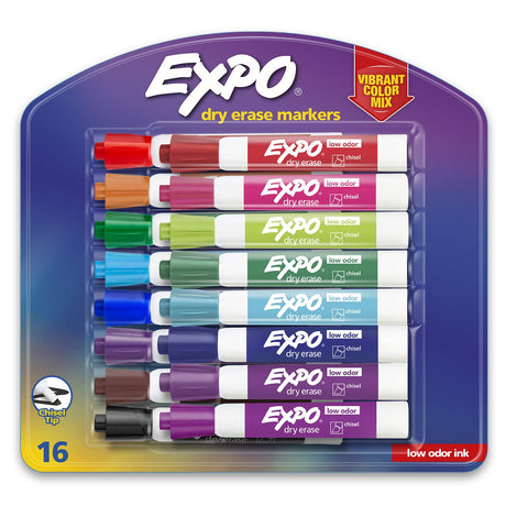 EXPO Low Odor Dry Erase Markers, Chisel Tip, Assorted Colors, 16 Count EXPO