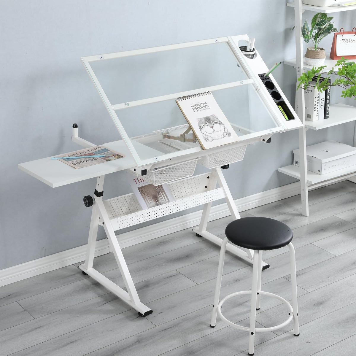 Drawing Table With Stool Gagawin Glass Drafting Table with Stool, Height Adjustable Drawing Tab ...
