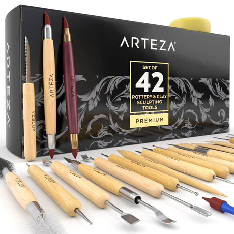 Arteza Pottery & Polymer Clay Tools, 42-Piece Sculpting Set, Steel Tip Tools with Wooden Handles, for Pottery Modeling, Smoothing, Carving & Ceramics ARTEZA