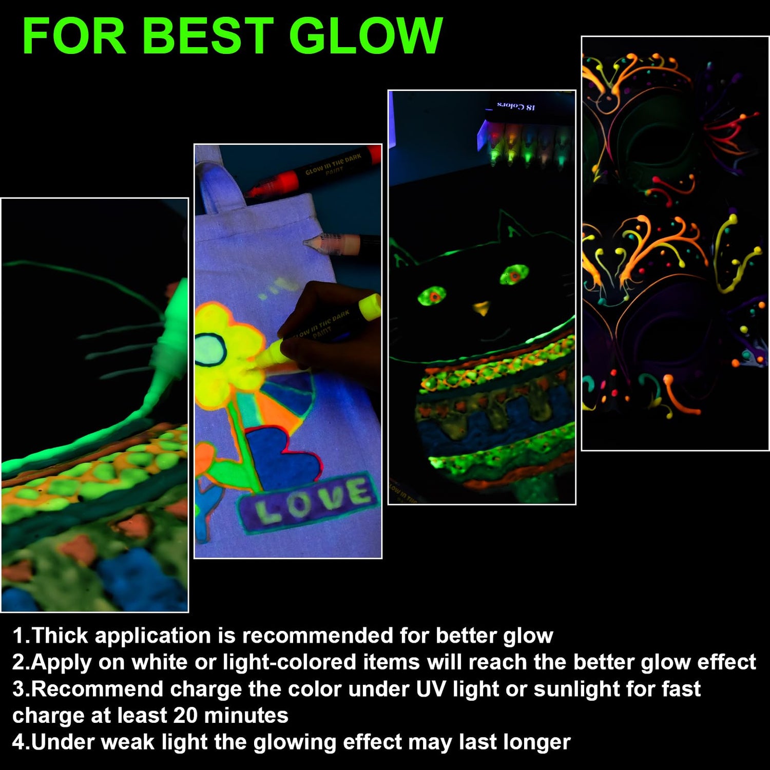 FansArriche Glow in the Dark Fabric Paints, 18 Colors x 20 ml 3D Waterproof Acrylic Textile Paint Markers, Glow in Dark Paint Pen, DIY Neon Fabric FansArriche