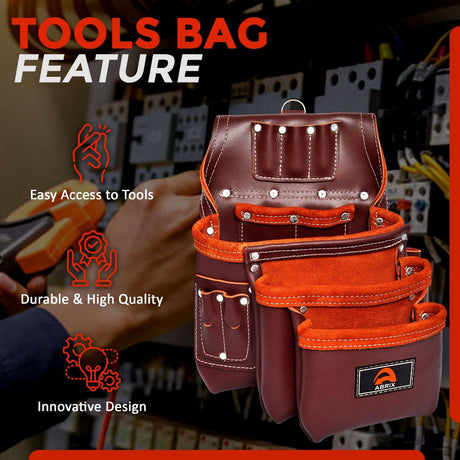 ABRIX Premium Oil Tanned Leather Tool Belt,PRO-280 Tool Pouch,Heavy Duty Leather Tool Belt, Tool Bag 28 Pockets,Tool Belt/Pouch For Framer (Maroon Abrix