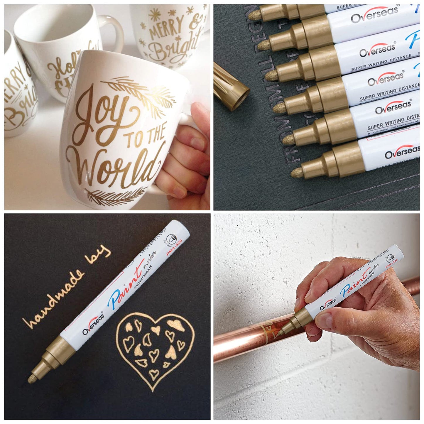 Gold Paint Markers Pens - Single color 6 Pack Permanent Oil Based Metallic Paint Pen, Medium Tip, Quick Dry and Waterproof Marker for Rock, Wood,