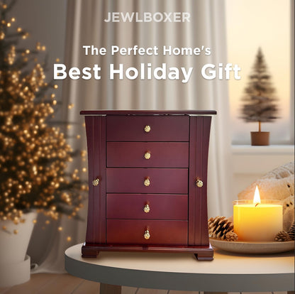 JEWLBOXER Jewelry Organizer –Tower Style Wooden Jewelry Box with 4 Drawers and Large Mirror, Ring, Necklace, and Earring Organizer,brown,walnut