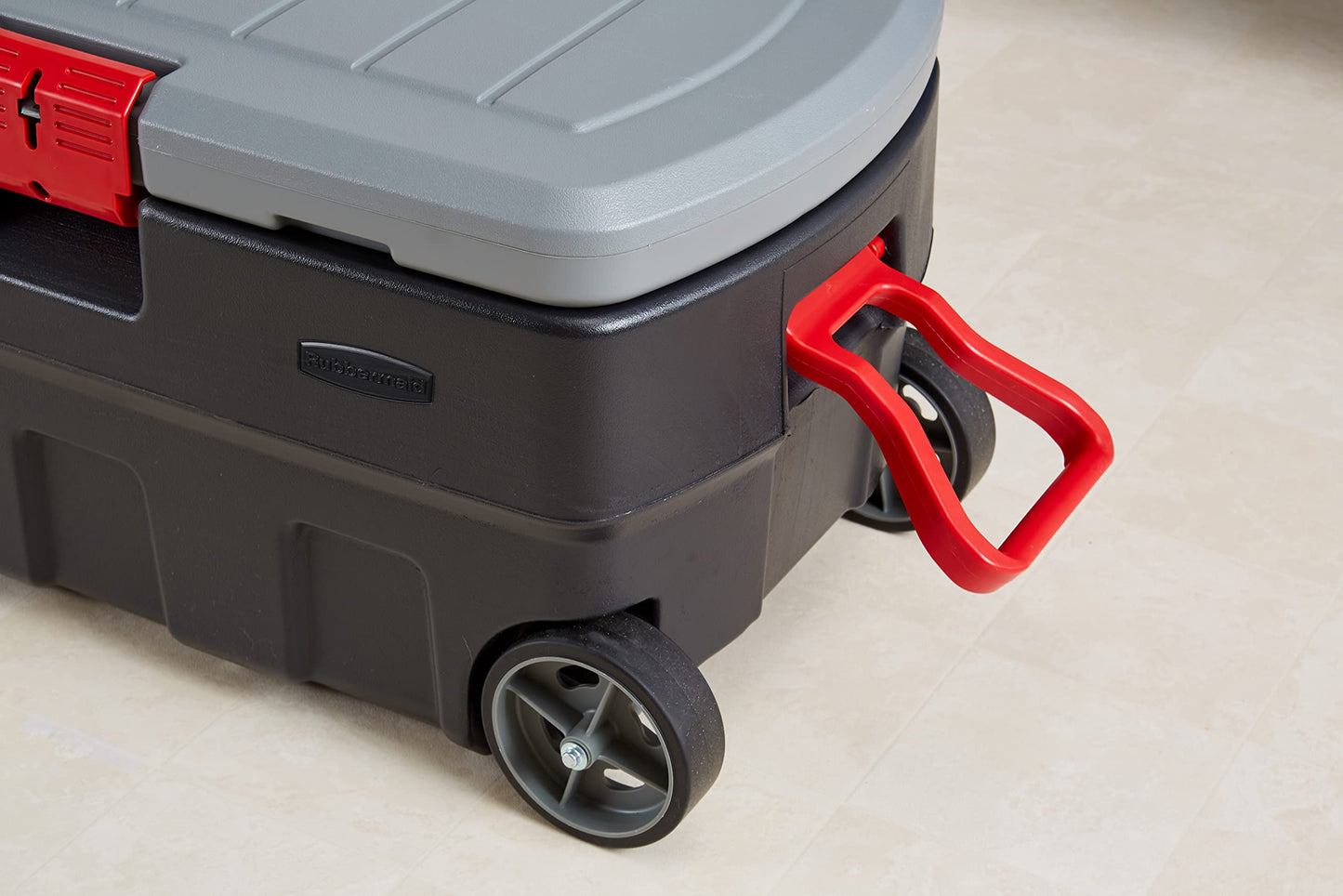 Rubbermaid ActionPacker 35 Gal Wheeled Lockable Storage Bin with Lid, Heavy-Duty Water Repellent Industrial Container with Built-In Durable Wheels,