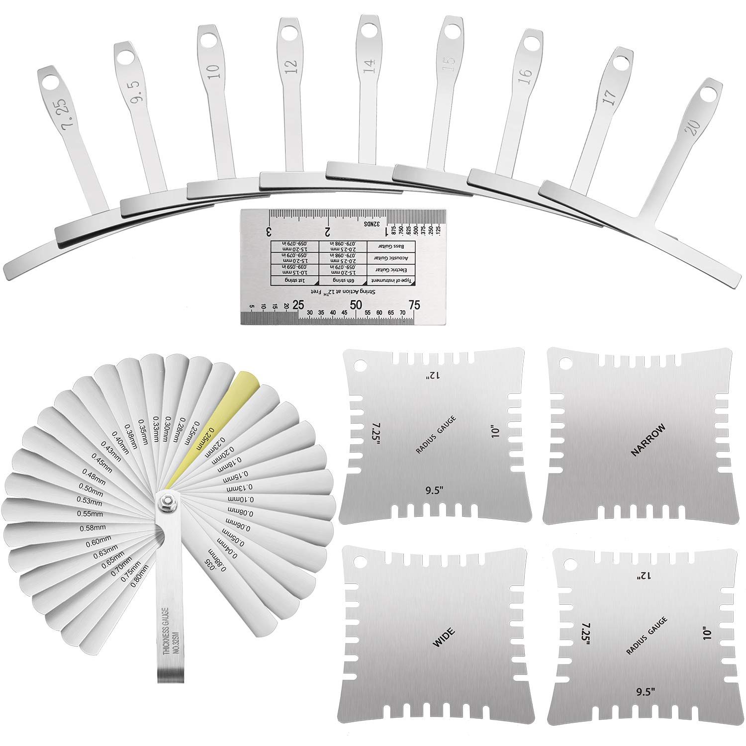 15 Pieces Guitar Luthier Tools Set Including Guitar Radius Gauge, String Action Ruler Gauge, 32 Blades Feeler Gauge, Guitar Notched Radius Gauges for - WoodArtSupply