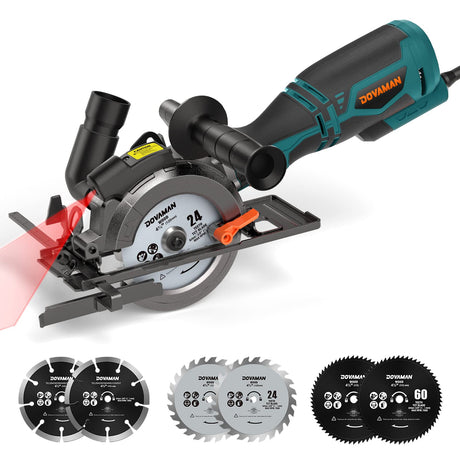 DOVAMAN Circular Saw, 5.8A 4-1/2" Circular Saw w/Laser, Metal Auxiliary Handle, 6 Saw Blades (4½", 4¾"), Cutting Depth 1-11/16" (90°), 1-3/8" (45°), DOVAMAN