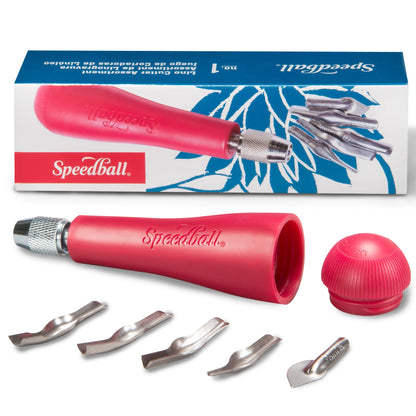 Speedball Linoleum Cutter Kit Assortment #1 - Linocut Carving Tools for Block Printing, Includes 5 Blades - WoodArtSupply