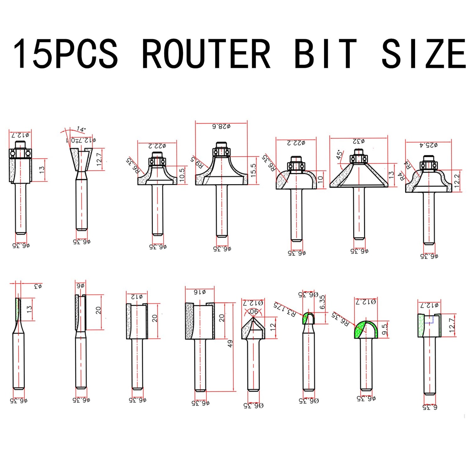 CHCYWJGJ Router Bits Set of 15 Pieces 1/4 Inch Woodwork Tools for Beginner Router Bit Kit for DIY,High Grade Yellow CHCYWJGJ