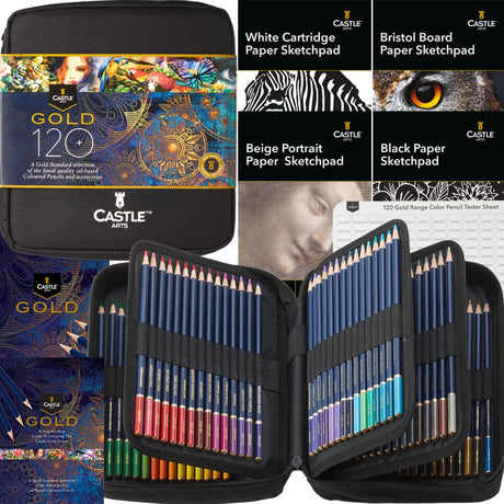 Castle Art Supplies Gold Standard 120 Coloring Pencils Set with Extras | Quality Oil-based Colored Cores Stay Sharper, Tougher Against Breakage | For Castle Art Supplies
