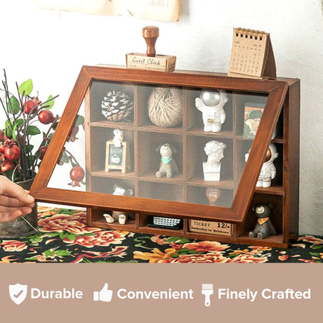 Mini Clear Display Wood Cabinet with 12 Slots - Collectibles Display Case - Wooden Floating Shelves for Display & Home Decor - Vintage Style Wood Woodaholic