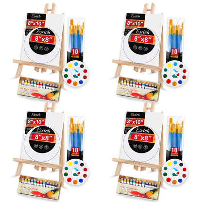 Acrylic Paint Canvas Set,104 Piece Professional Painting Supplies Kit with 4 Wood Easel,4 * 12Colors,4 * 10 Brushes,Circular Canvas Etc,Premium Paint - WoodArtSupply