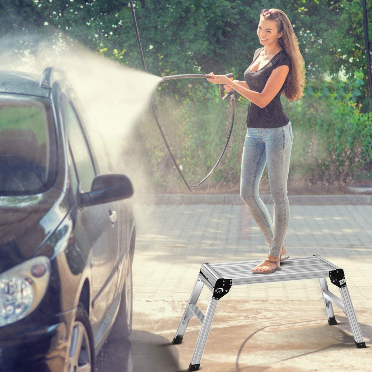 Giantex Work Platform Aluminum Step Ladder Drywall Safe CE Approved of Capacity 330 LBS Heavy Duty Portable Bench Folding Ladders Stool w/Non-Slip Giantex