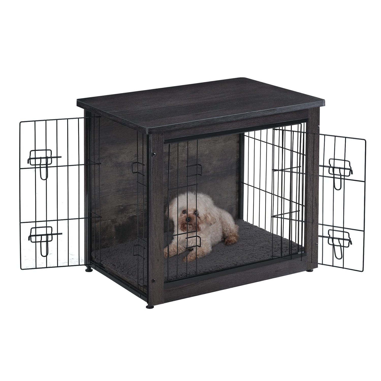DWANTON Dog Crate Furniture with Cushion, Wooden Crate with Double Doors, Dog Kennel Indoor for Small/Medium/Large Dog, End Table, Small, 27.2" L, Dwanton