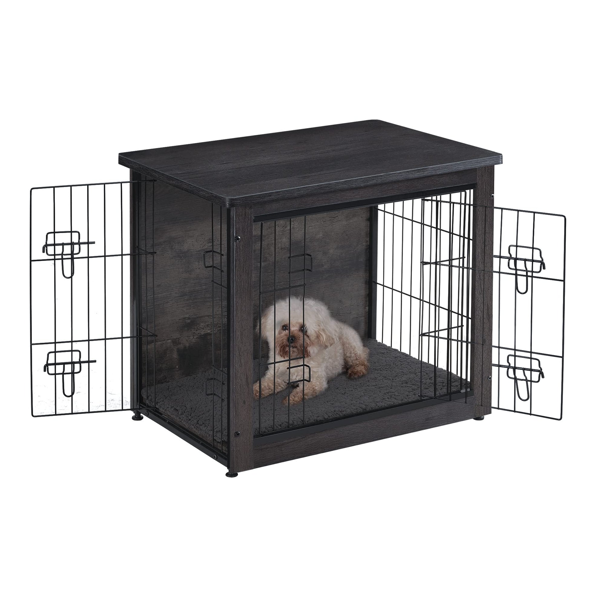 DWANTON Dog Crate Furniture with Cushion, Wooden Crate with Double Doors, Dog Kennel Indoor for Small/Medium/Large Dog, End Table, Small, 27.2" L, - WoodArtSupply