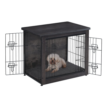 DWANTON Dog Crate Furniture with Cushion, Wooden Crate with Double Doors, Dog Kennel Indoor for Small/Medium/Large Dog, End Table, Small, 27.2" L, - WoodArtSupply