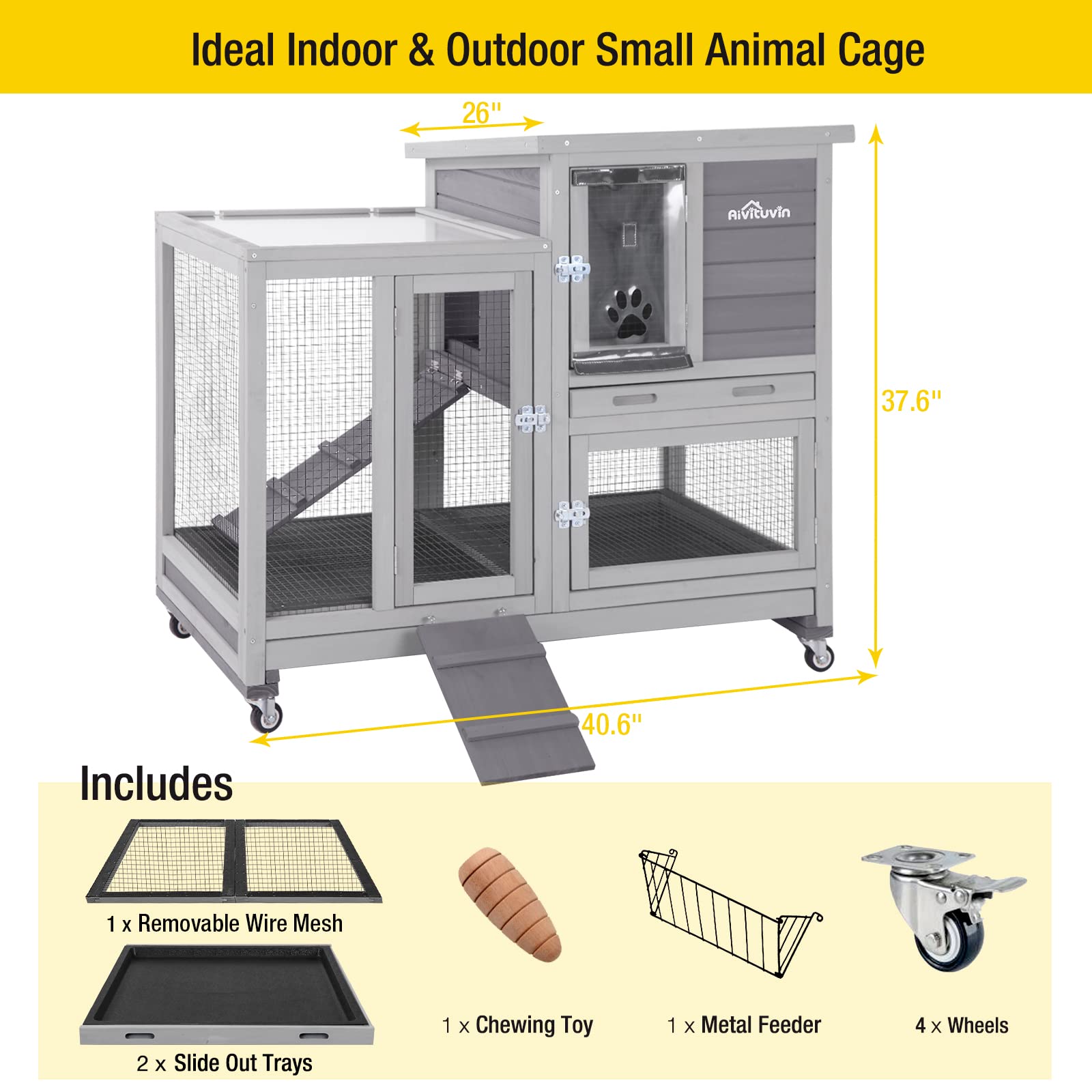 Aivituvin Wooden Bunny Hutch Indoor- Outdoor Rabbit Guinea Pig Cage for Small Animals with Exclusive Two Trays & Bottom Wire Mesh (Grey) - WoodArtSupply