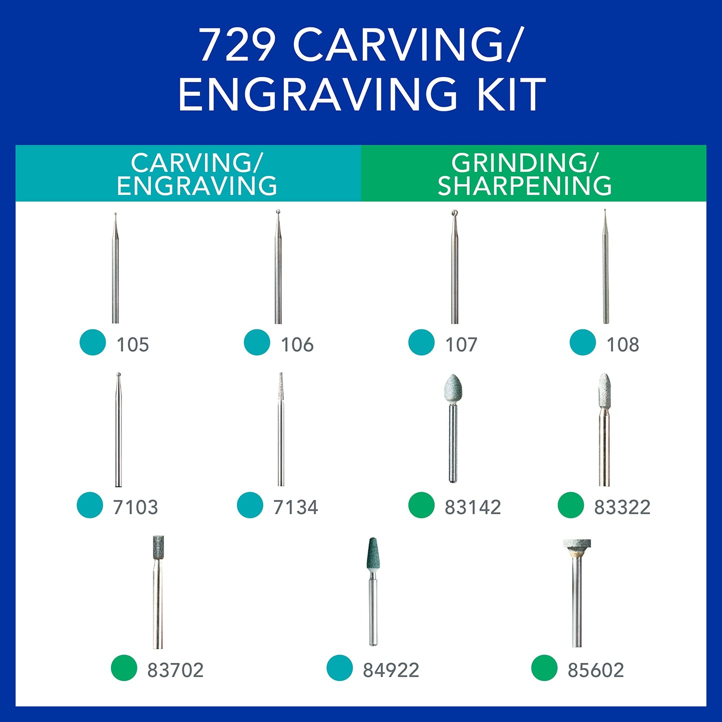 Dremel 729-01 Carving & Engraving Rotary Tool Accessories Kit, 11-Piece Assorted Set - Perfect for Use On Wood, Metal, and Glass, Gray