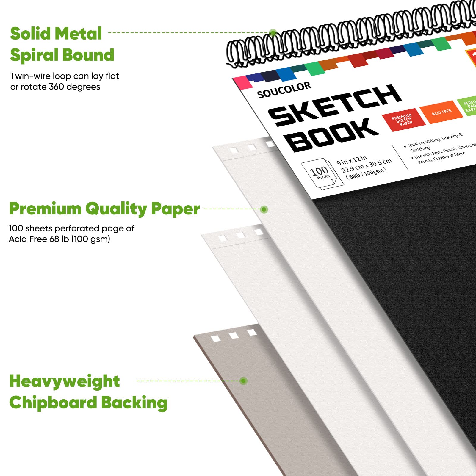 Sketch Book Pack 9 x 12 Inches Pad, 2 Pack 100 Sheets Spiral Bound 65lb/100gsm