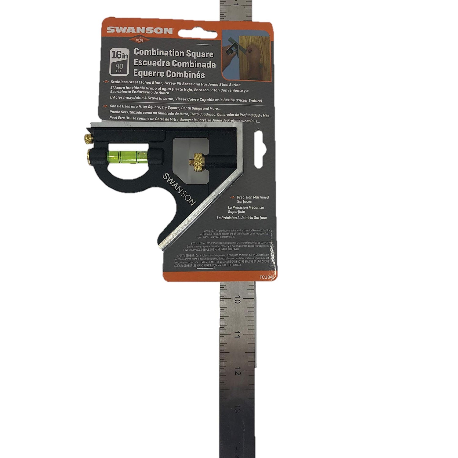 Swanson Tool Co TC134 16 inch Combo Square (Cast Zinc Body, Stainless Steel Rule, Inches/Metric Marks and Brass Bolt) Swanson Tool Co., Inc