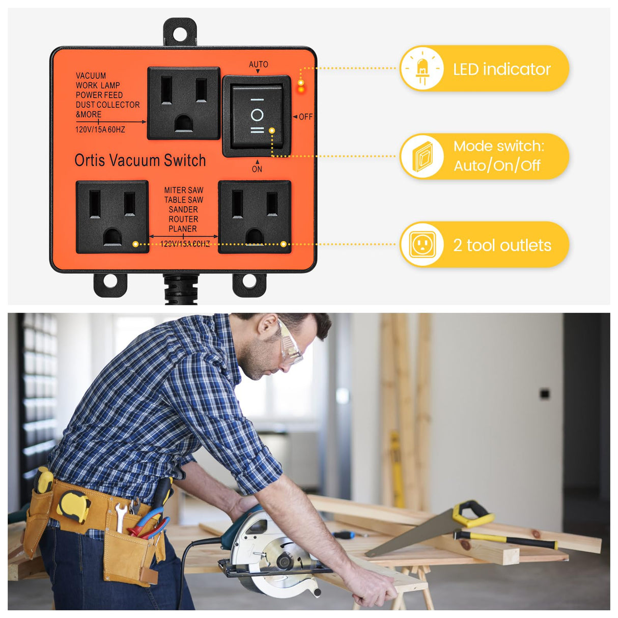 Automatic Vacuum Switch, Ortis Vacuum Switch for More Power Tools, Delay Vacuum On/Off to Prevent Circuit Overload and Tripping, Keep Your Workplace Ortis