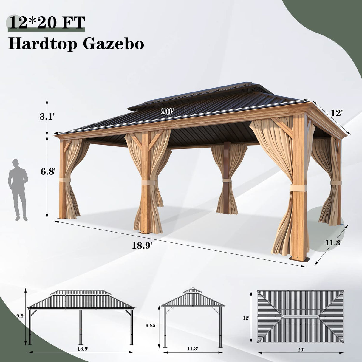 YOLENY 12' x 20' Gazebo, Hardtop Gazebo Wood-Looking Gazebo with Galvanized Steel Double Roof, Aluminum Frame, Outdoor Patio Hardtop Gazebo with YOLENY