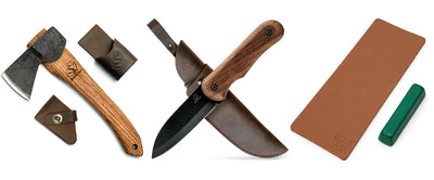 BeaverCraft AX1 Carving Axe Hand Forged Hatchet with Sheath BSH5 Bushcraft Knife Full Tang Survival Knife with Leather Sheath LS2P1 Leather Strop Kit