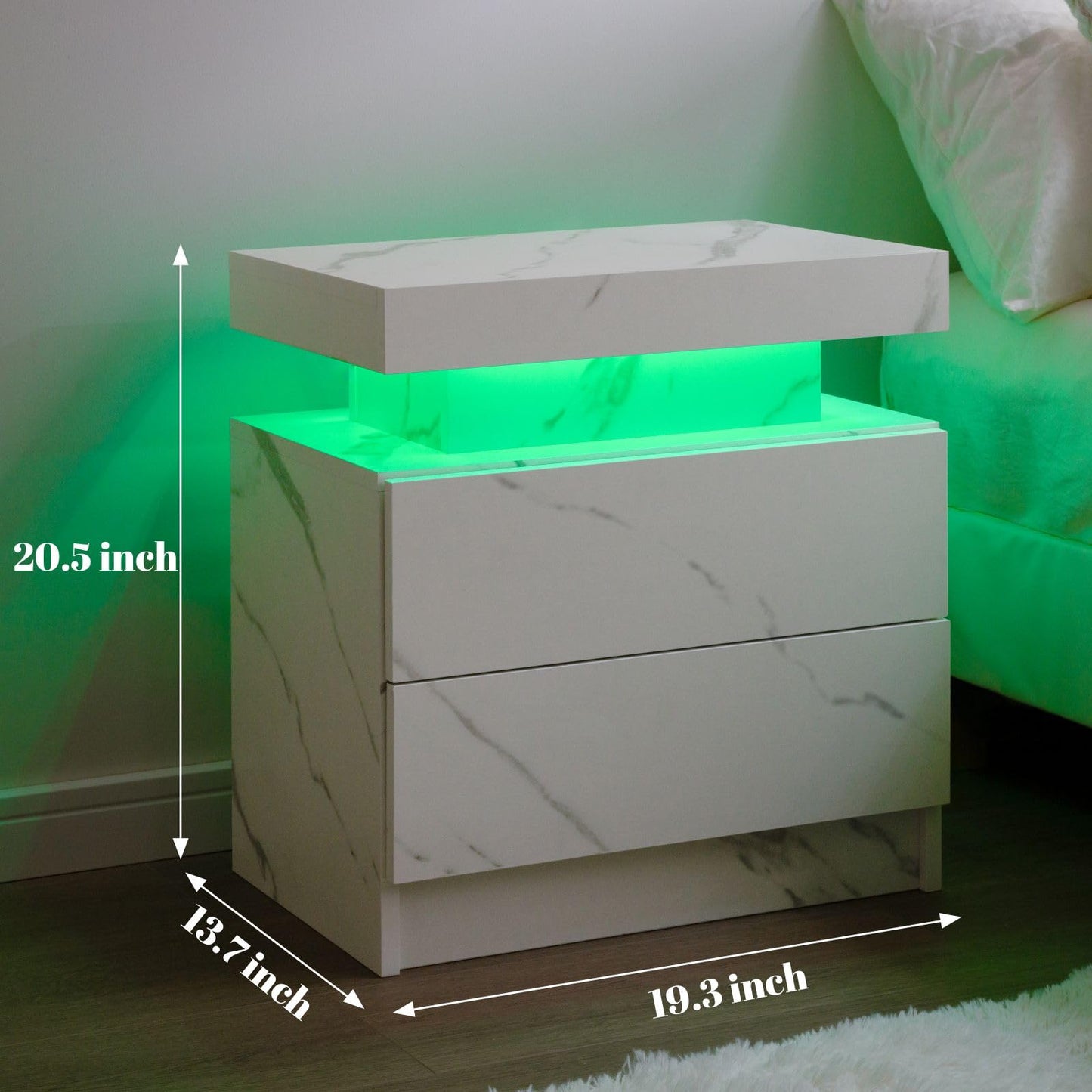 Cubehom Nightstand Set of 2 with LED Lights White LED Bedside Table with 2 Wood Drawers Modern Set 2 End Side Table for Bedroom