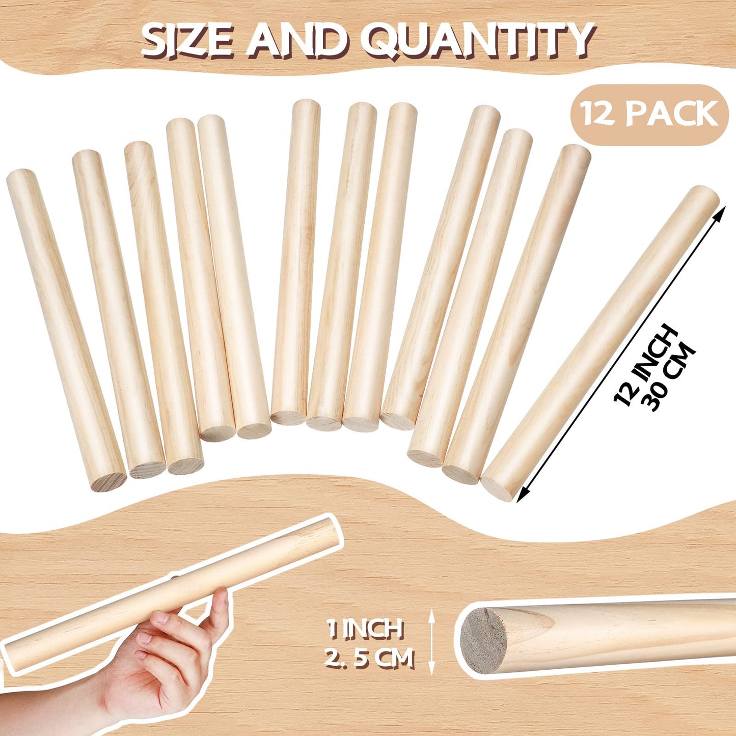 1 x 12 Inch Dowel Rods Wood Sticks Wooden Dowel Rods Round Unfinished Hardwood Sticks Wooden Dowels for Crafts DIY (6)