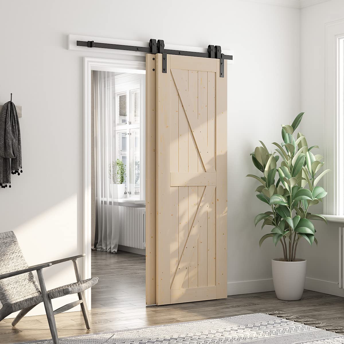 SmartStandard 26in x 84in Sliding Barn Wood Door Pre-Drilled Ready to Assemble, DIY Unfinished Solid Spruce Wood Panelled Slab, Interior Single Door SMARTSTANDARD