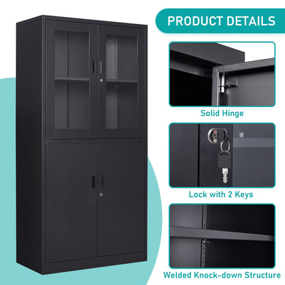 MIIIKO Black Metal Storage Cabinet with Glass Doors, Black Display Cabinet with Adjustable Shelves and Locking Doors, for Home Office, School and - WoodArtSupply