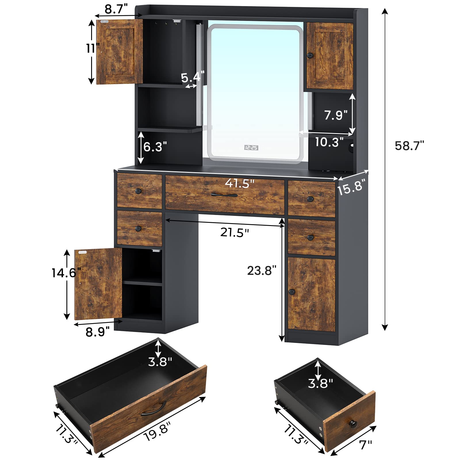 Tiptiper Makeup Vanity with Lights & Charging Station, Vanity Table with Time Display Mirror, Ambient Light, Storage Cabinets, Rustic Brown and Black - WoodArtSupply