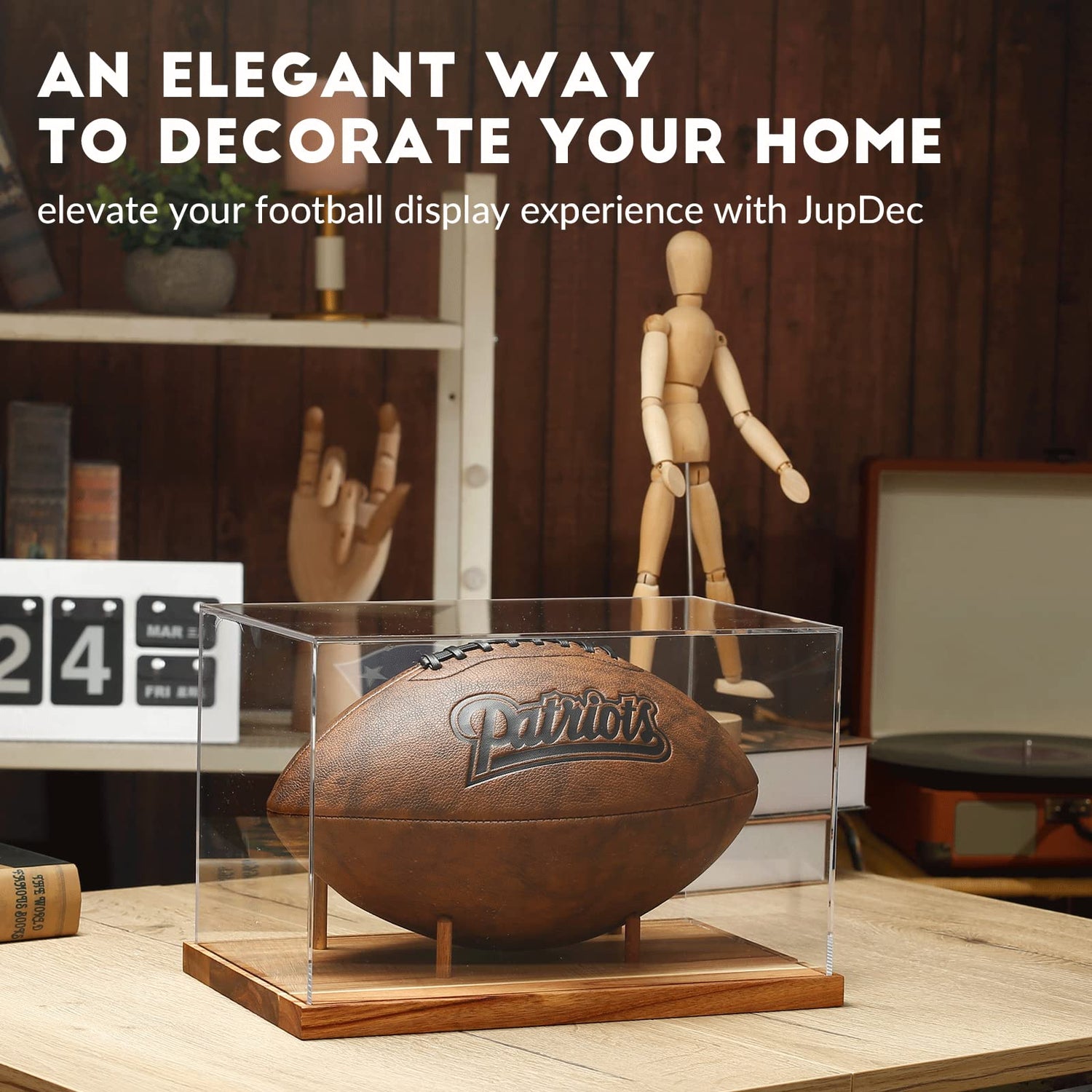 JupDec Football Display Case Full Size, Acrylic Clear Box with Wood Stand, UV Protected Memorabilia Holder, for Football Fans & Collectors, Sports JupDec